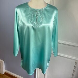 WinterSilks Pajama Top Aqua‎ Blue 3/4 Sleeve Lace Sleep Wear Women's Size Small